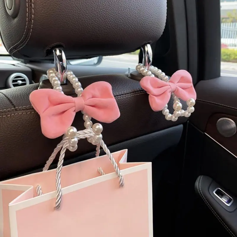 Car hook, pink bow-shaped pearl style, car front seat backrest hook, car decorative product, interior multi-functional small hook, women's style, festival gift，Caraccessory, Car Accessories Women, Car Hanger, Car Interior Accessories Girls