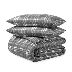 Soft & Cozy 100% Cotton Flannel Duvet Cover & Sham Set by Bare Home - Queen, Stirling Plaid - Grey/White