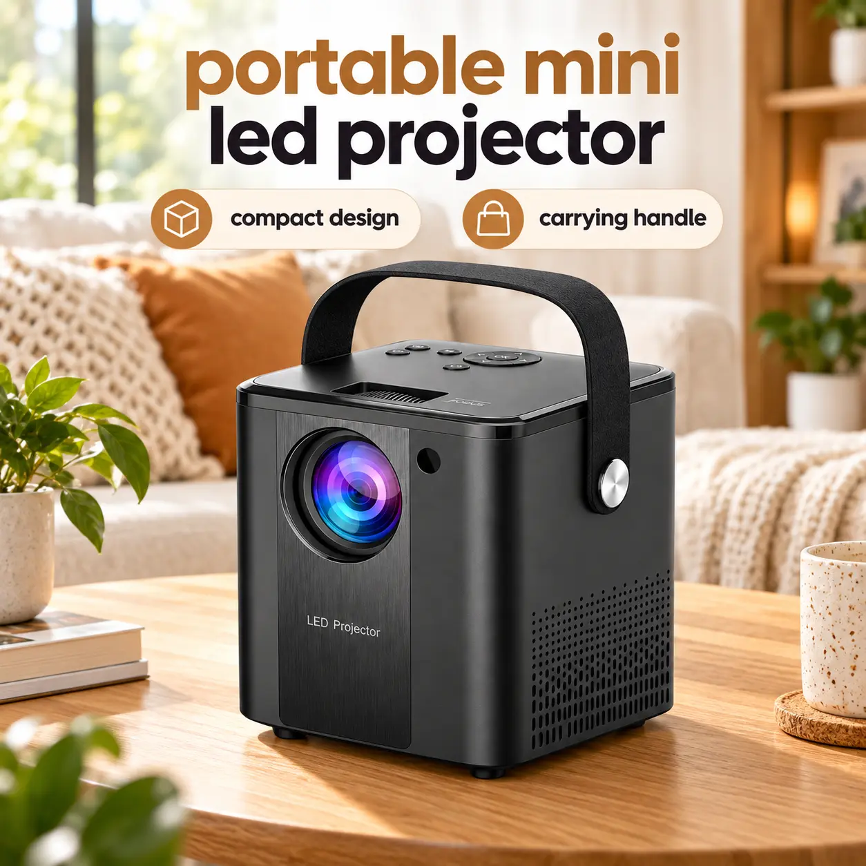 Portable Mini Led Projector, 1080p supported home movie projector with hdmi usb sd card slot, built-in speaker, manual focus, carrying handle for bedroom and home entertainment