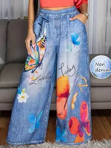 Women's Faux Denim High-Waisted Casual Wide-Leg Pants, Colorful Artistic Butterfly Prints, Elastic Waistband, Loose Laid-Back Slimming Womenswear Bottom