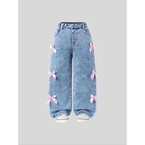 (New)Toddler Girl's Denim Bow Decor Jeans, Cute Comfy Trousers for Daily Wear, Kids Bottoms for All Seasons, Jeans With Pockets