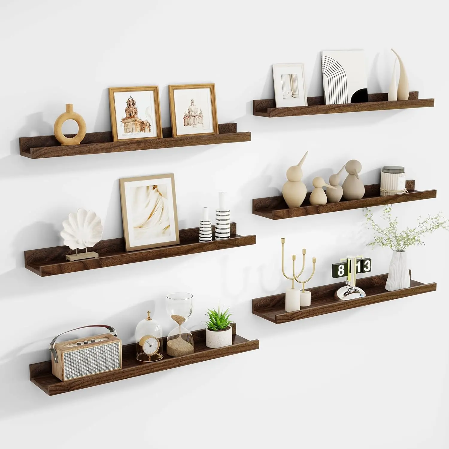 Picture Ledge Shelf, Floating Shelves Set of 6, 24 inch Long Picture Shelf for Wall with Lip, Wall Mounted Shelves for Bedroom, Living Room, Bathroom, Kitchen,Walnut