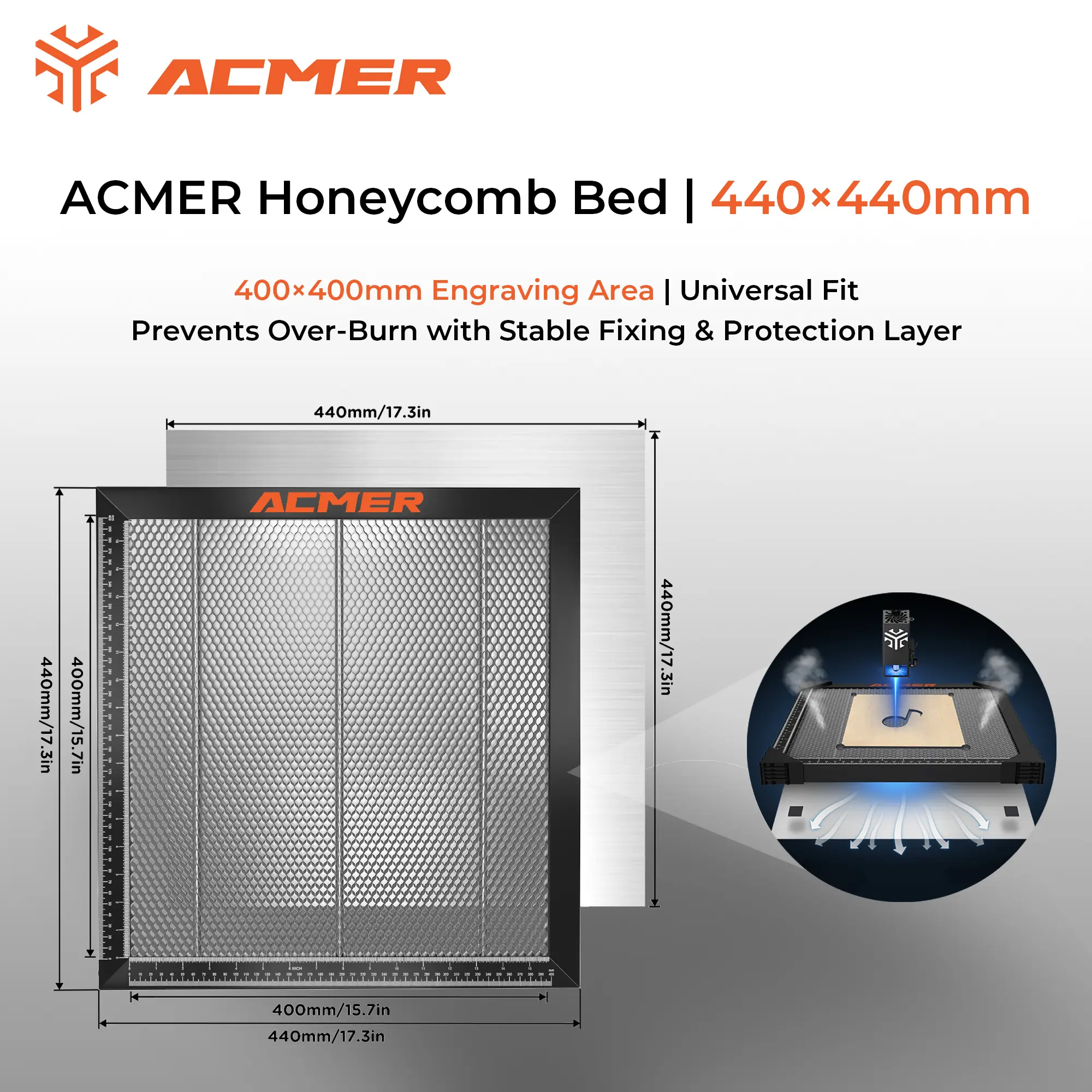 ACMER Laser Engraving Machine Honeycomb Cutting Pad - A fast laser engraving cutting tool, with product dimensions of 440×440mm, suitable for various size engraving and cutting tasks, compatible with 95% of laser engraving machines.