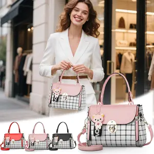 Mini Crossbody Bag with Bear Charm Faux Leather Plaid Purse Compact & Stylish Daily Bag Cute Gift for Girls & Women