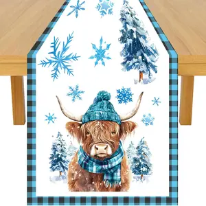 1Set Winter Highland Cow Table Runner 13x72 Inches Blue Linen Snowflake Highland Cow Forest Pattern Rustic Table Decor