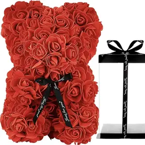 Artificial Rose Bear with Gift Box, Valentine’s Day Rose Flower Bear for Her, Wife, Daughter, Girlfriend, Friend. 25 cm Rose Bear Gift Box for Valentine's Day, Birthday, Anniversary, Party Decoration, Christmas Gift, New Year's, Mother’s Day