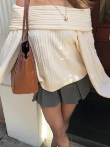 Women's Plain One-Shoulder Long Sleeve Loose Casual Sweater, Stylish Knitwear for Fall & Winter, Comfortable Ladies Fashion Top