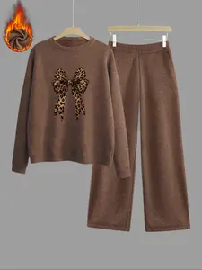 Women's Leopard Bow Print Thick Knit Matching Sweater Set, Loose Fit Round Neck Long Sleeve Top, High Waist Straight Leg Pants, Fall & Winter Casual Fashion