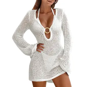 Women's Openwork Crochet Swim Cover-Up, Deep V Neck Long Sleeve Mini Dress with Metal Ring Detail (100% Polyester) beach outfits