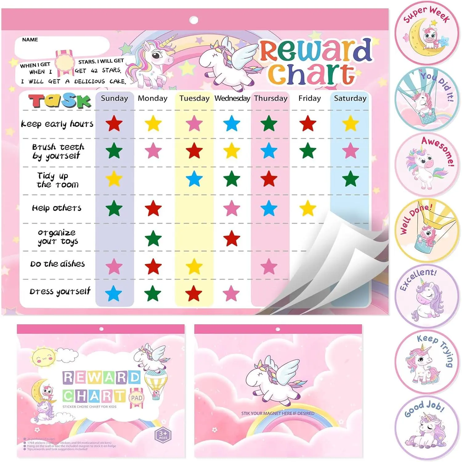 Reward Chart for  at Home, Behavior Chart Pad with 26 Chore Charts, 1680  Stickers, 84 Motivational Stickers to Develop Responsibility & Good Habits (Unicorn)