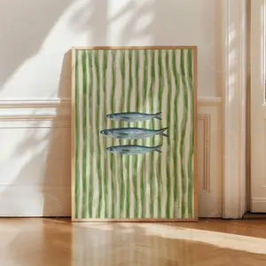 UNFRAMED Sardines Fish Painted Print Green Stripe Trendy Aesthetic Kitchen Wall Art Retro Modern Food Home Decor Framed Print