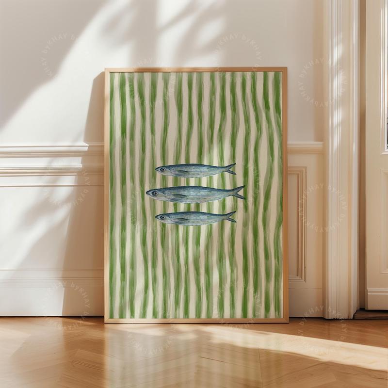 UNFRAMED Sardines Fish Painted Print Green Stripe Trendy Aesthetic Kitchen Wall Art Retro Modern Food Home Decor Framed Print