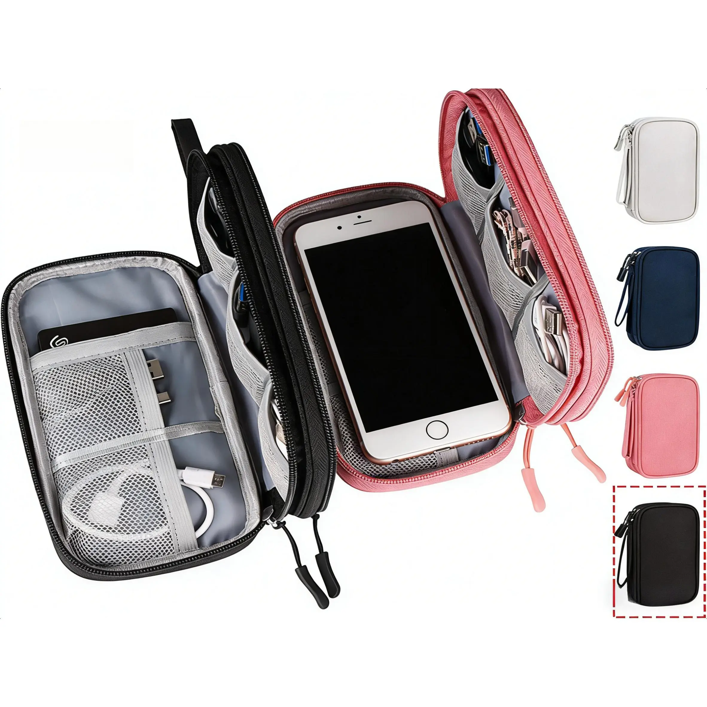 BODOUX Car Interior Storage Organization Bag - Premium Practical Lightweight Double-Compartment Shockproof Waterproof Fabric Case (7.5in L x 4.3in W x 2.2in H) for Daily Travel Power Bank, USB Cables, Chargers, Mouse, Earphones