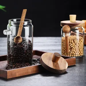1 pc Middle Glass Jar with Wooden Lid and Spoon, 20 oz Food Storage Containers Coffee Jar Coffee Grounds Container, Glass Food Storage Canister.