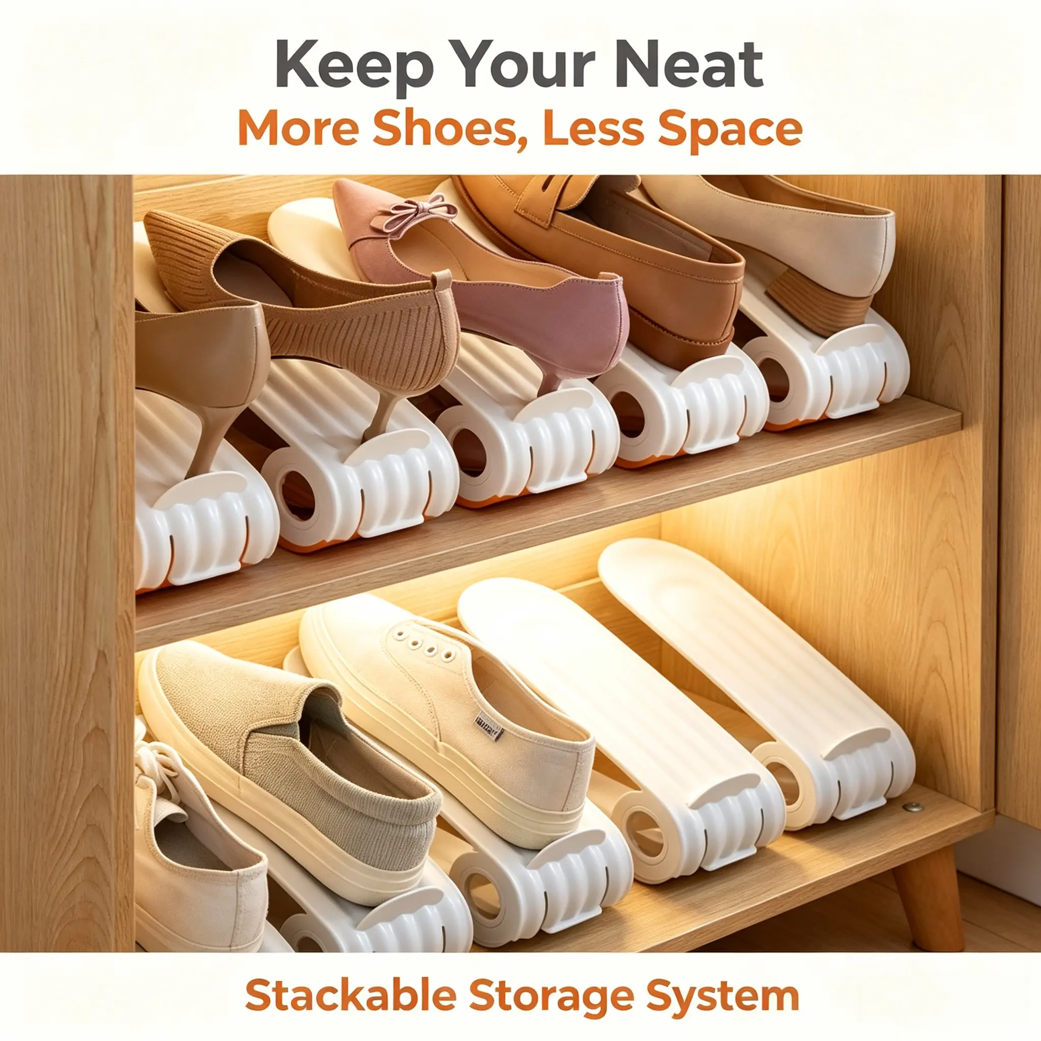 Adjustable Double-Layer Shoe Organizer, Space-Saving Stackable Shoe Rack for Closet, Foldable Shoe Storage Holder with Adjustable Height