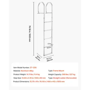 VEVOR Dock Ladder, Removable 5 Steps, 500 lbs Load Capacity, Aluminum Alloy Pontoon Boat Ladder with 3.1'' Wide Step Nonslip Rubber Mat, Easy to Install for Ship/Lake/Pool/Marine Boarding