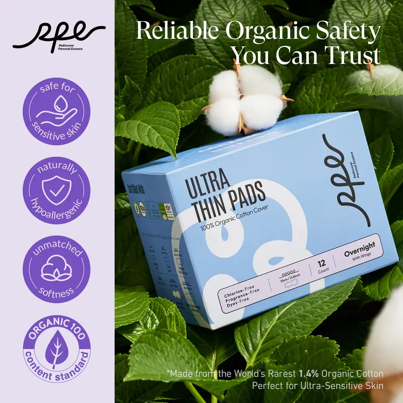 RPE Life Winged Overnight Pads - 100% Organic Cotton, Ultra Thin, Soft, Absorbent, Heavy Flow, Large Value Pack, First-Time Friendly, Gift Packing, Plastic-Free, Unscented Fragrance-Free Pads Liners & Protectors
