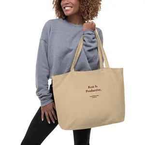 Embernite™ Wellness "Rest Is Productive" Oversized Organic Cotton Tote Bag - 100% Certified Organic, 6 Gallon Capacity, Eco-Friendly Design for Groceries & Travel Essentials