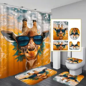 1PC/4PCS 2D Flat Printing Giraffe Wearing Sunglasses Patterned shower curtain, home bathroom decor, shower curtain set with 12 hooks, non-slip bathroom rug, U-shaped toilet seat cover, toilet seat mat.