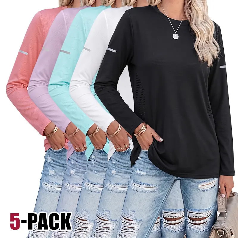 Life keeps moving — Spring women’s long-sleeve running T-shirt base layer (available in packs of 1–5). Comfortable, breathable, solid-color casual top suitable for spring and autumn workouts and everyday casual wear.