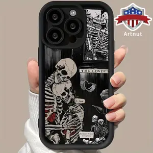 Heart-Shaped Skull Pattern Case for iPhone 16 E 15 14 Pro Max 13 12 11 XR XS Plus Shockproof Non Slip Military-Grade Protection Silicone Cover
