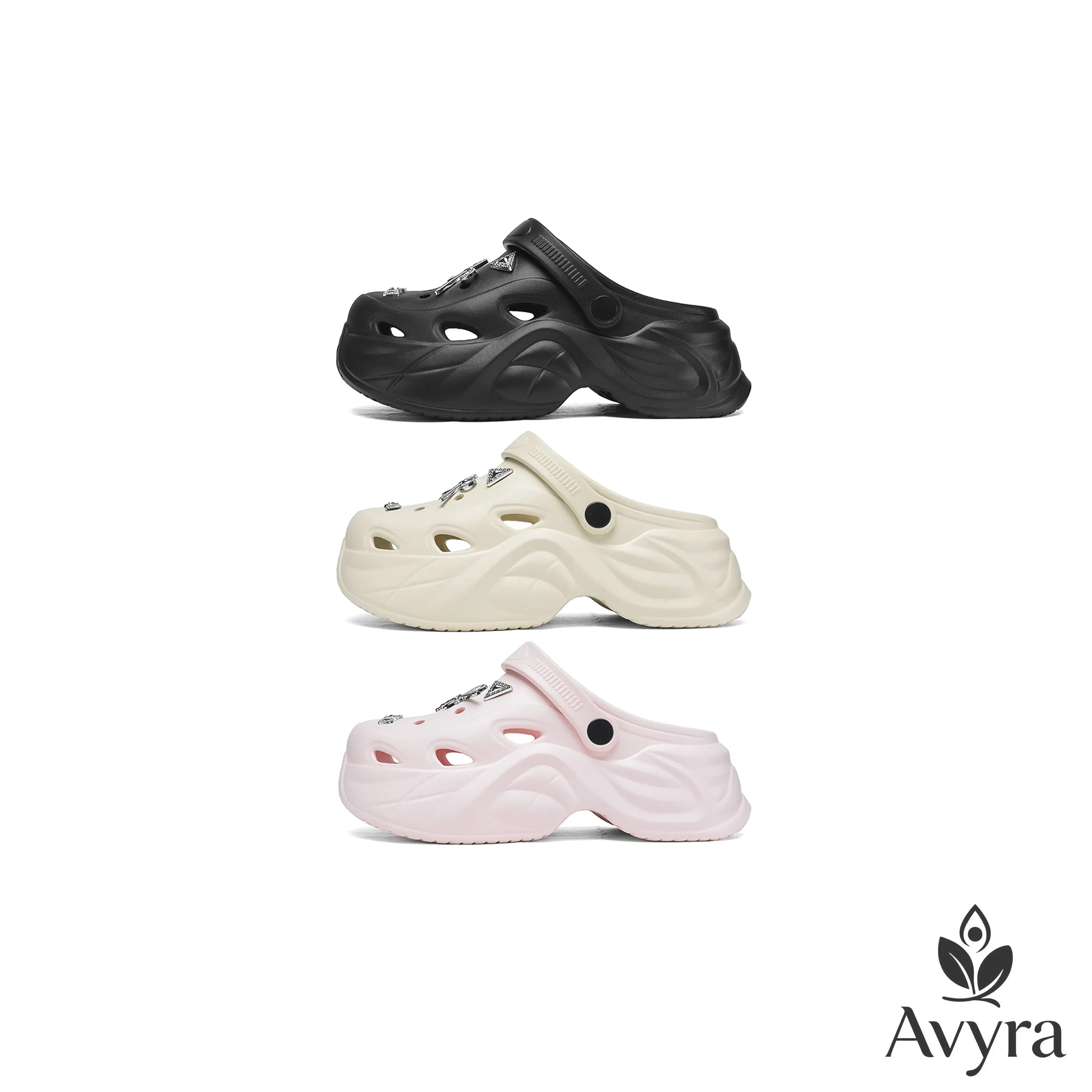 Women's Round Toe Chunky Platform Clogs, Waterproof Chic Sweet EVA Women Shoes with Adjustable Strap and Rhinestone Bow Charms, Casual Wear, Platform Heel, Cushioned Sole, Hollow Out