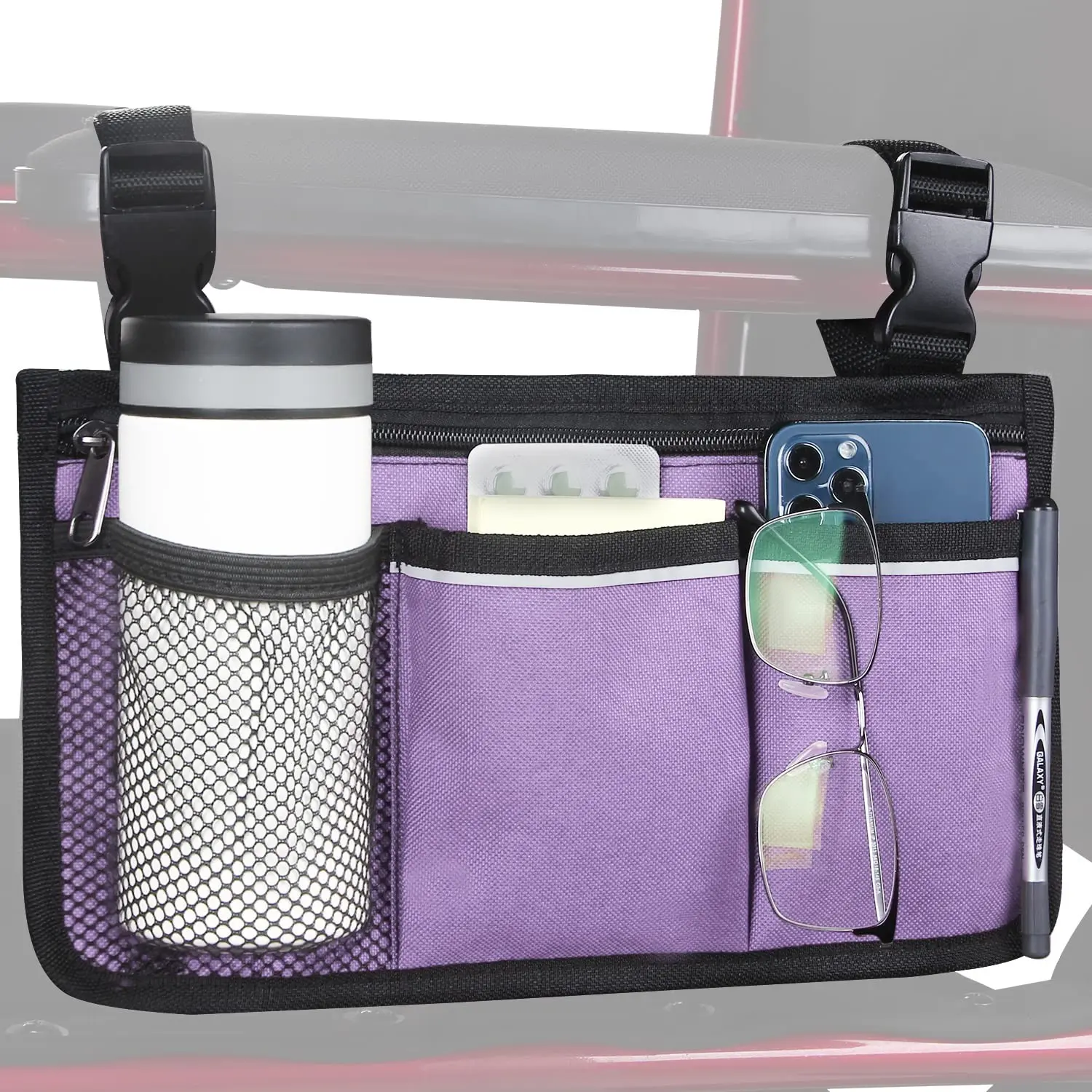 Wheelchair Side Bag, Armrest Storage Pouch with Cup Holder & Reflective Strip, Waterproof Fabric Storage Bag for Most Wheelchairs, Walkers Or Rollators, Waterproof Organizer Bag, Organizer Pouches