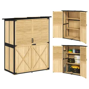 Outsunny Outdoor Storage Cabinet, Wood Garden Tool Shed with Lock, Steel Frame and Asphalt Roof, Garden Storage Shed with Adjustable Shelves and Feet for Patio Backyard Lawn