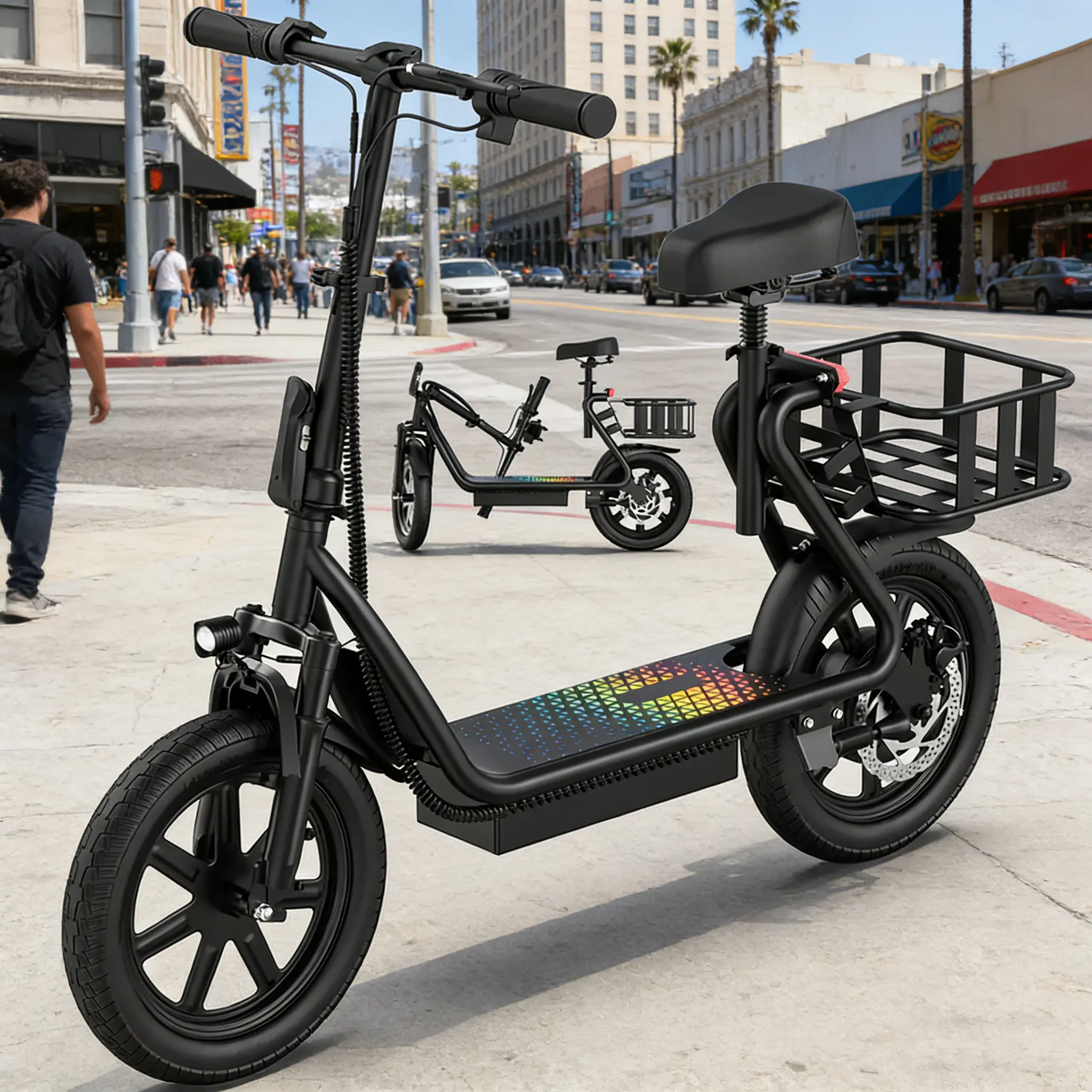 Electric Scooter for Adults with Seat,48V 10.4Ah Battery, Top Speed 22 mph, Driving Range 21-27 Miles, Pet-Friendly Design with Rear Basket