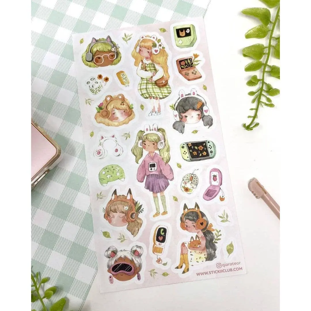 Cute Green Gamer Girls Notebook, Planner, and Scrapbooking Decoration Sticker Sheet