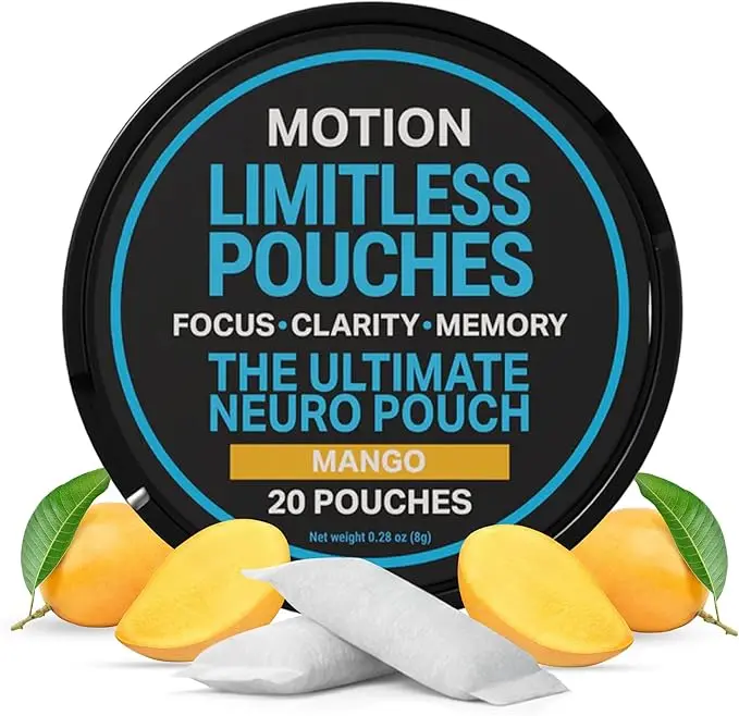 MOTION Focus & Energy Nootropic Pouches (20 Count) - Mango Flavor with L-Theanine + Alpha GPC & Naturally Occurring Caffeine from Guarana Seeds - Supports Mental Clarity with Refreshing Taste