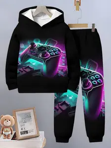 Boys' Fashion Gradient Color Letter Pattern 3D Print Hoodie Set, Long Sleeve Sports Wear, Spring Fall Winter Outdoor Hoodies