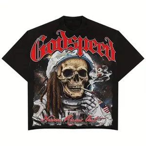 T-shirt | Y2K Style with Astronaut Skull Design, Godspeed Text, American Flag Elements, Street Hip-hop Casual Style, Crew Neck, Short Sleeve