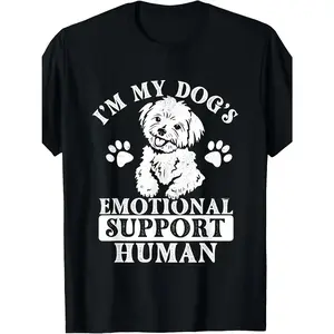 I'm My Dog's Emotional Support Human" Maltese Lover T-Shirt - 100%, Casual Crew Neck, Short Sleeve, Black with White Lettering & Dog Illustration, Perfect for All Seasons, Machine Washable, Dog Shirt