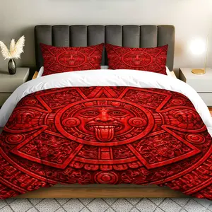 3PCS Duvet Cover Set, 1 Duvet+2 Pillowcases(Without filler), Aztec Calendar Red Art Ethnic Tribal theme, Halloween bedding set, Cultural Symbol Pattern Suitable for decoration bedroom, living room, hotel, guest room.