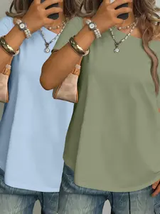 2 Pack Plus Size Ladies Asymmetric Shoulder T-Shirts