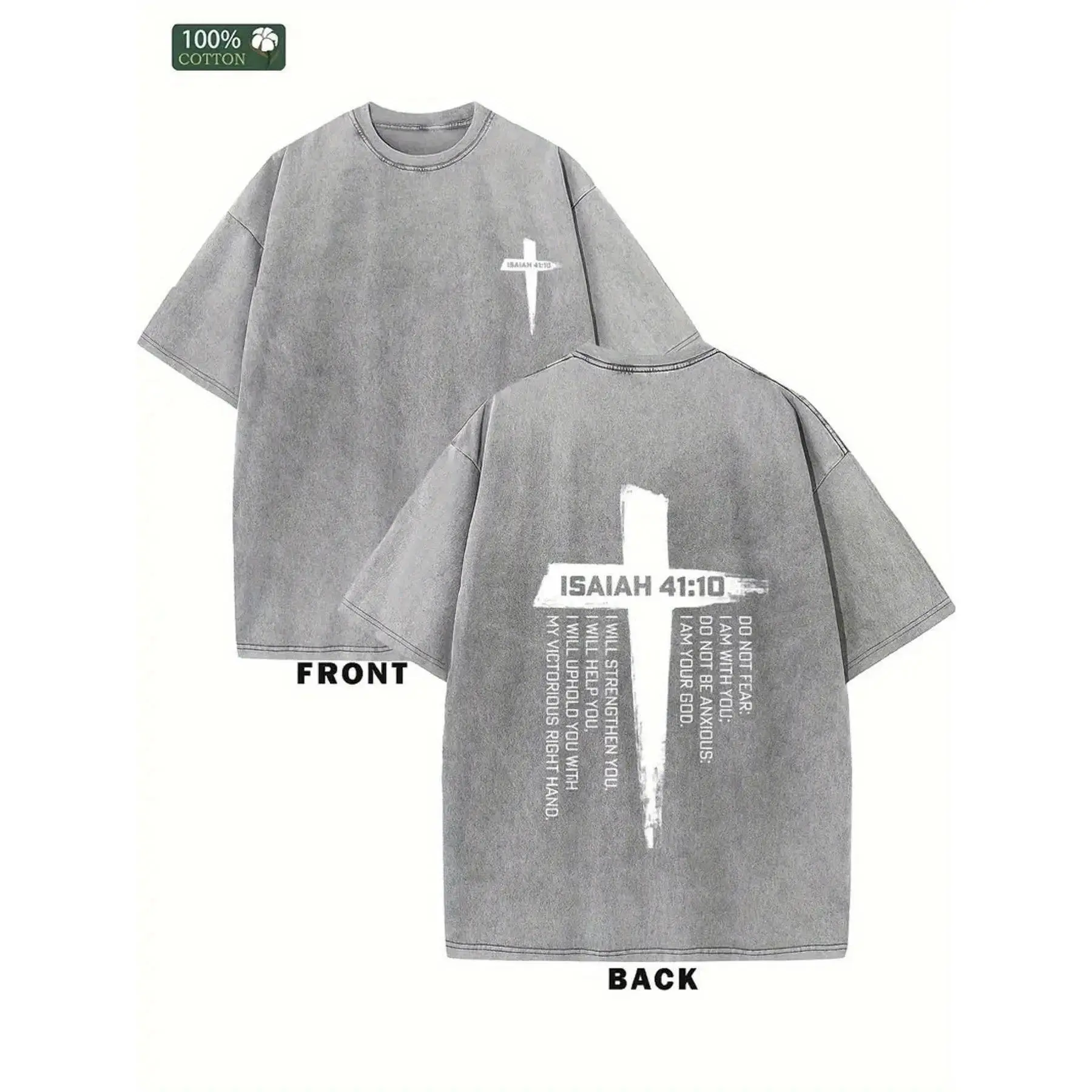 Men's Heavyweight 230G Double-Sided Washed Cotton T-Shirt with Vintage Bible Verses & Cross Print - 100% Washed Cotton, Relaxed Fit Short Sleeve Religious Apparel, Durable Casual Wear for Church, Bible Study & Outdoor