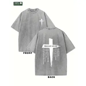 Men's Heavyweight 230G Double-Sided Washed Cotton T-Shirt with Vintage Bible Verses & Cross Print - 100% Washed Cotton, Relaxed Fit Short Sleeve Religious Apparel, Durable Casual Wear for Church, Bible Study & Outdoor