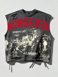 Tiktok Style Faded Cut-Out Sleeveless T-Shirt, Hip-Hop Graffiti Nonsense Print, Streetwear Vest, Unisex, Trendy Fashion Top