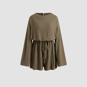 Cider [2 colors, size 2-10] Solid Round Neckline Ruffle Bowknot Romper