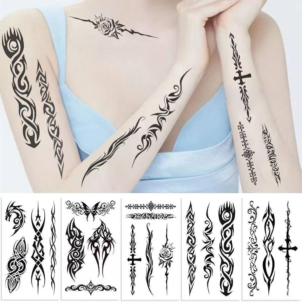 Cool, Dark-Themed Black-and-White Tribal Rune Symbol Totem Tattoo Stickers – Realistic Semi-Permanent Waterproof Tattoos
