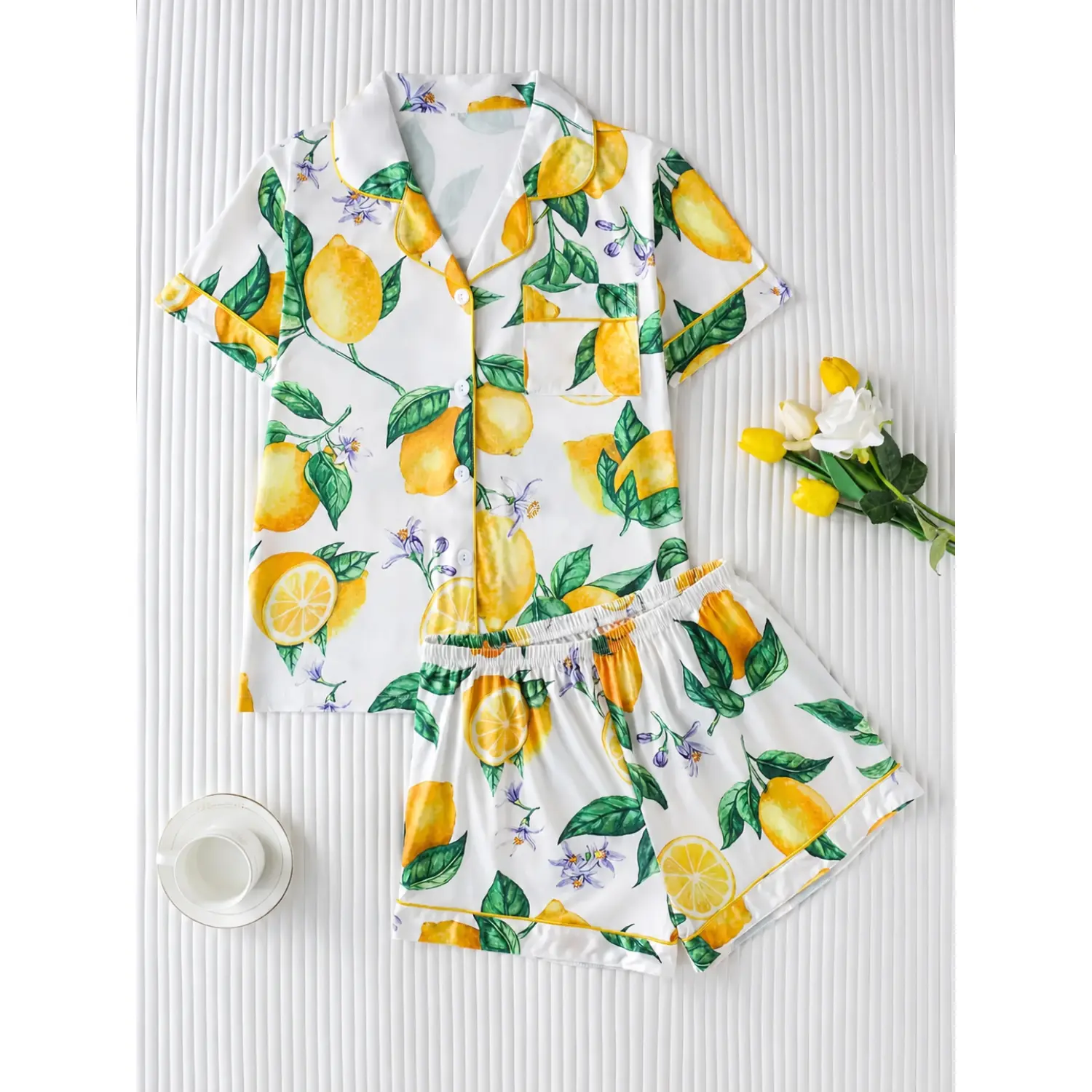 Women's Lemon Print Sleepwear Set: Collared Button-Down Short Sleeve Top & Comfy Loose Shorts, Elegant Loungewear Pajama Outfit for Home