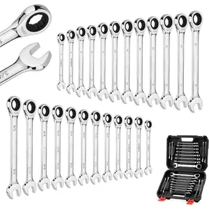 24- Ratcheting Wrench Set | Metric and SAE | Ratchet Combination Wrenches Set with Organizer | 72- | Chrome Vanadium Steel | 6-18 mm & 1/4" to 3/4" (24-)
