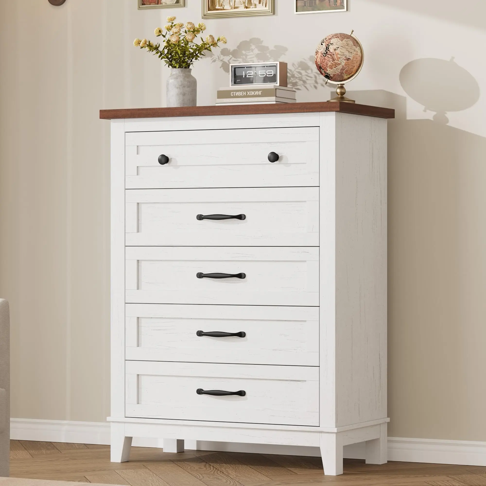 5-Drawer Vertical Dresser for Small Spaces – Modern Wooden Tall Chest – Adjustable Feet – Large Capacity Storage – Perfect for Bedroom, Living Room, Hallway, or Apartment – Freestanding Organizer