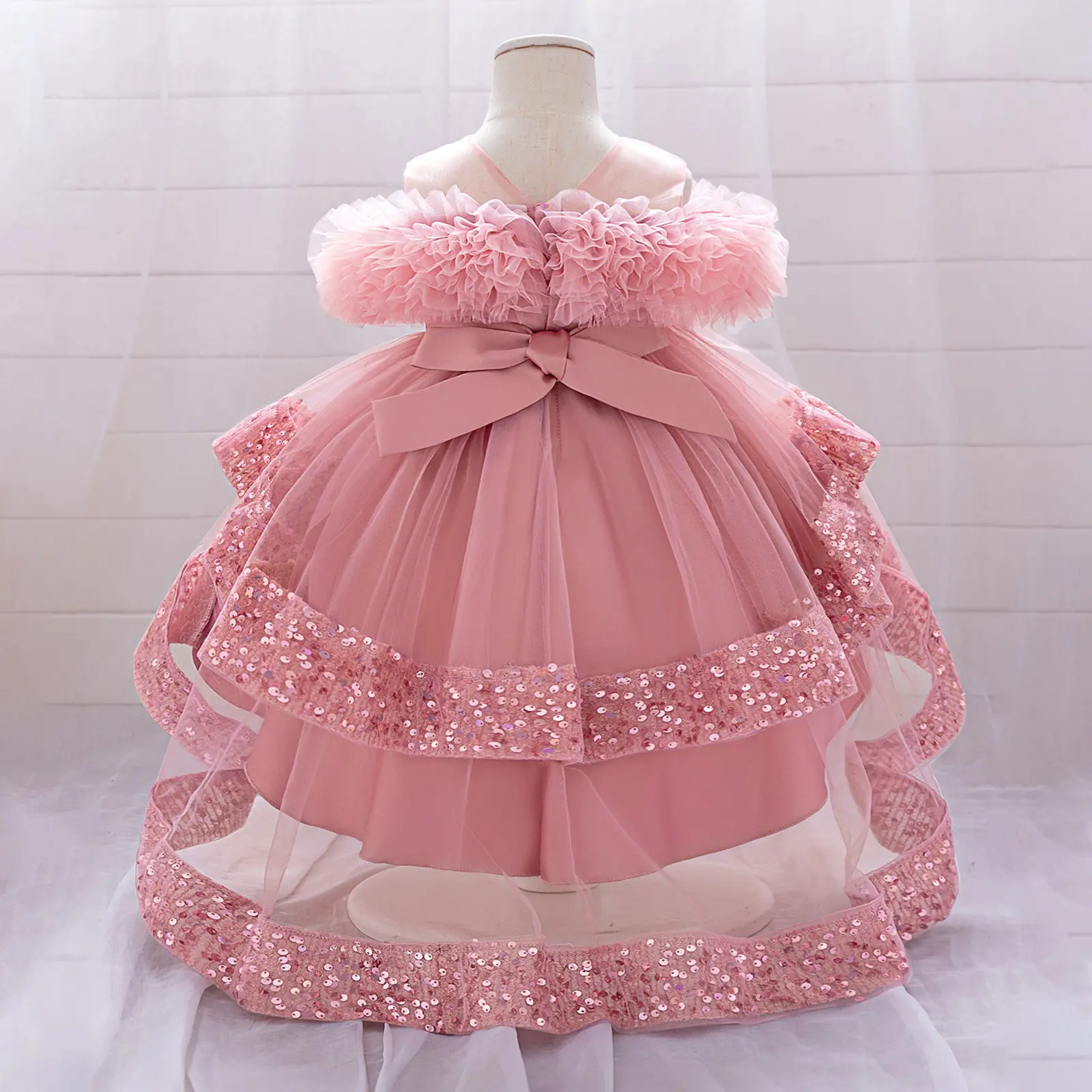 Sweet Sequin Tulle Ball Gown for Baby Toddler Girls, A-Line Holiday Party Dress with High-Low Hem, 45-61 cm, Birthday, Shiny Sequins, Holidays, Sequin Bead Dress, Zip