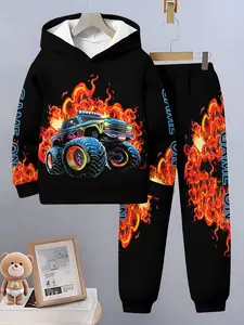 Boys' Fashion Truck Pattern 3D Printed Hoodie Set, Long Sleeve Sports Wear, Spring Fall Winter Outdoor Hoodies, Casual Fitted Sweatpants