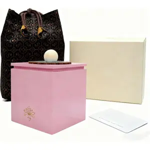 Pet Wooden Urn Box for Dogs & Cats Pink Velvet Lining Song Brocade Fabric Bag Lotus Design Memorial Cremation Urn Handcrafted Pine Wood Ashes Keepsake 13.5x13.5x18cm