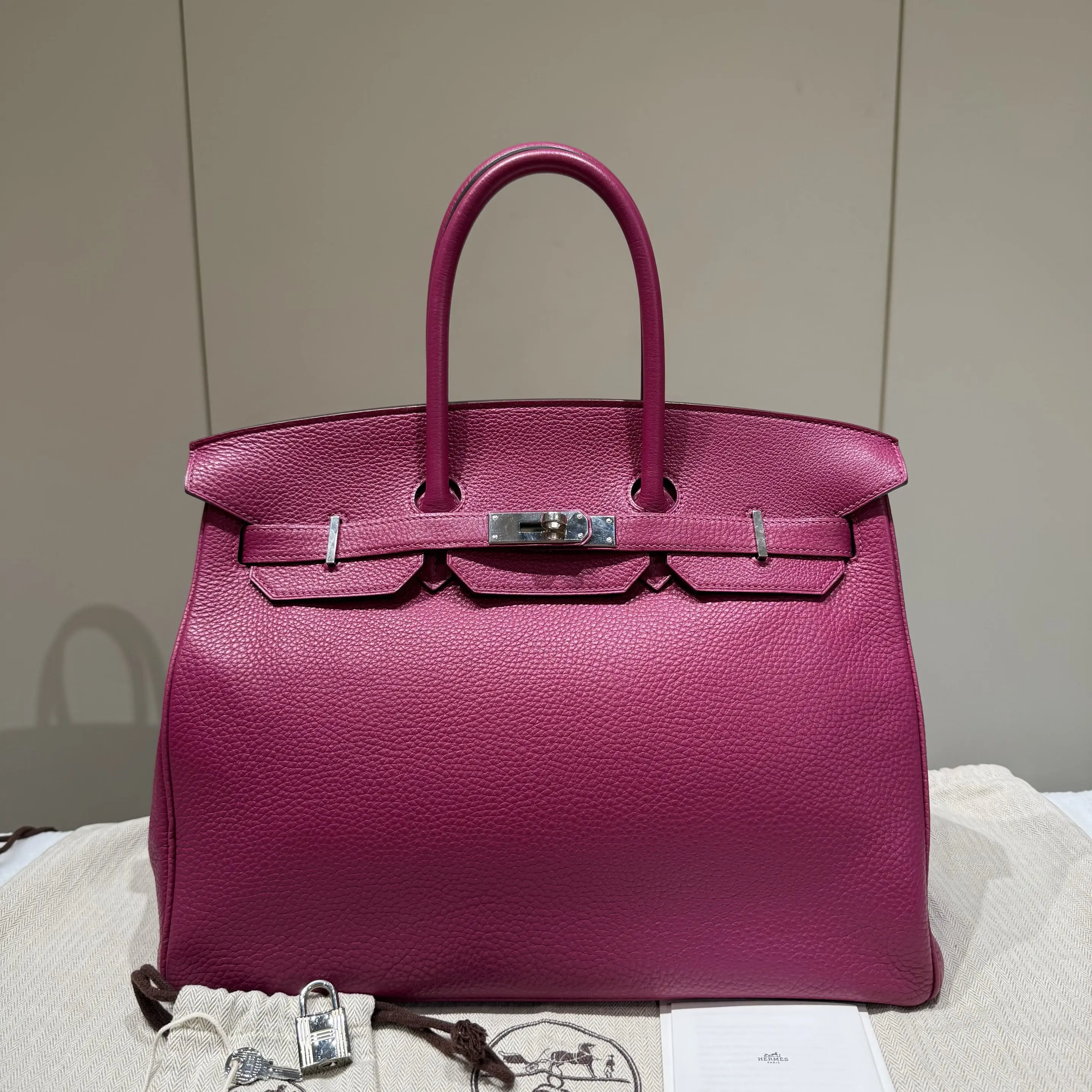 Pre-owned HERMÈS leather Tote Bags Hermes Purple Rose Togo Silver Hardware Birkin 35 Top Handle Bag 43842318 SH