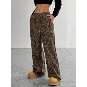 ChicLeopardPrintDrawstringStraight-LegPantsforWomen-Casual,Non-StretchPolyesterBlend,MachineWashable-forSpring/Summer/Fall