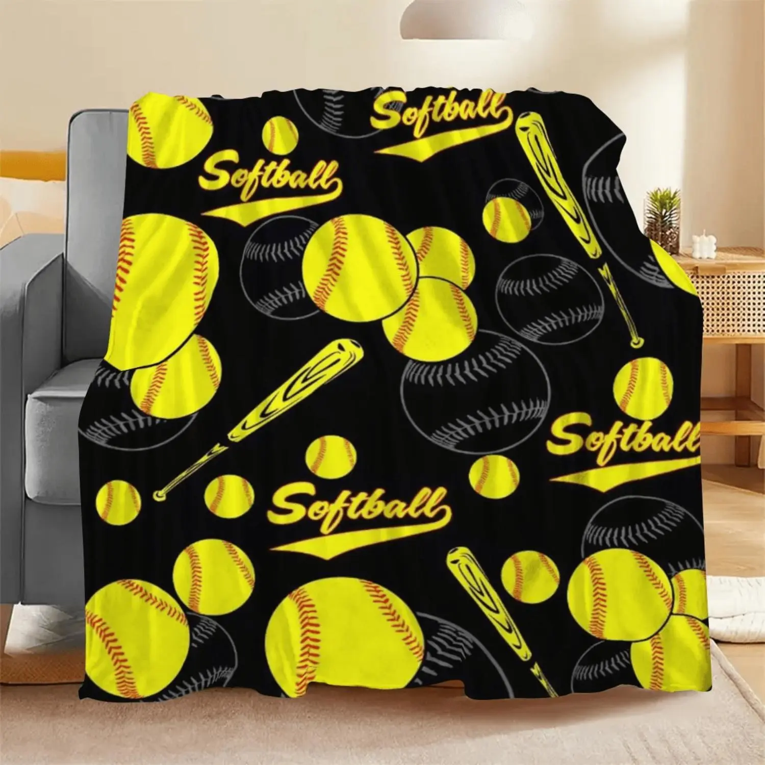 Softball-Themed Flannel Blanket - Cozy, Lightweight Throw for Sofa & Bedroom Decor - Perfect Gift for Teens, Boys, Girls, Men & Women - Ideal for Sports Enthusiasts, Allseason Throw | Vibrant Throw | Soft Polyester Blanket, Baseball Decor